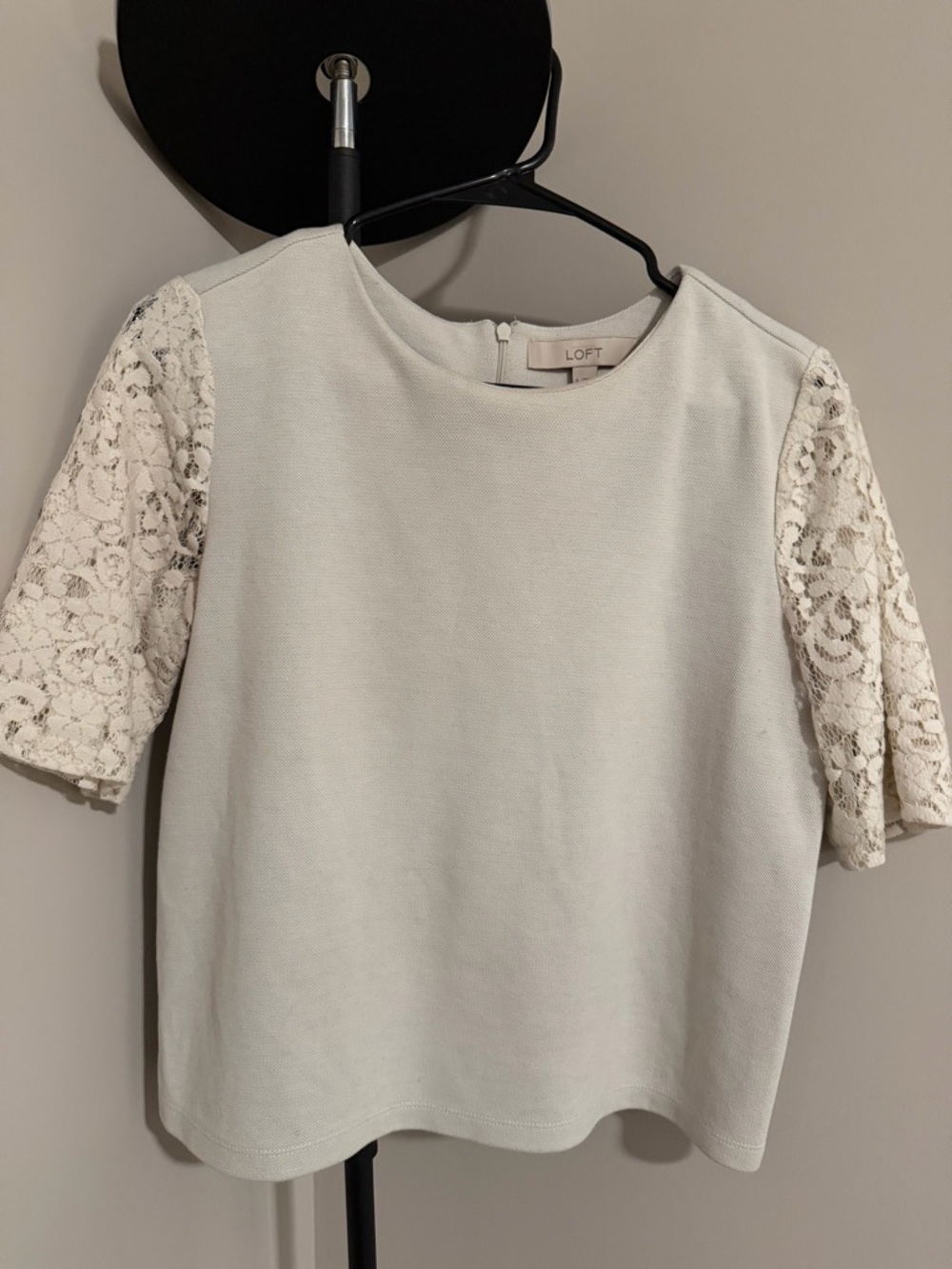 LOFT Cream Knit Top with Lace Short Sleeves